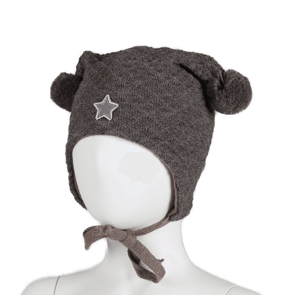 Kivat, brunmelert knytelue i ull med strukturmønster og dusker