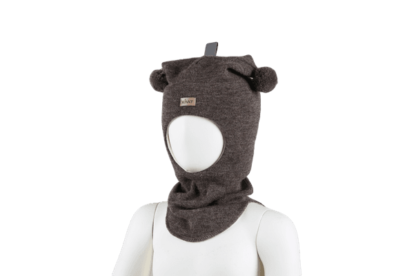 Kivat,  brunmelert hettelue i ull med kivatlogo og dusker