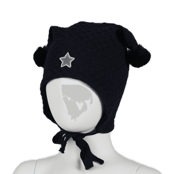 Kivat, marineblå knytelue i ull med strukturmønster og dusker