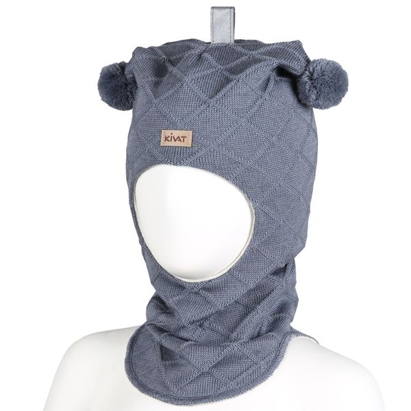 Kivat, dueblå hettelue i ull , strukturmønster og kivatlogo